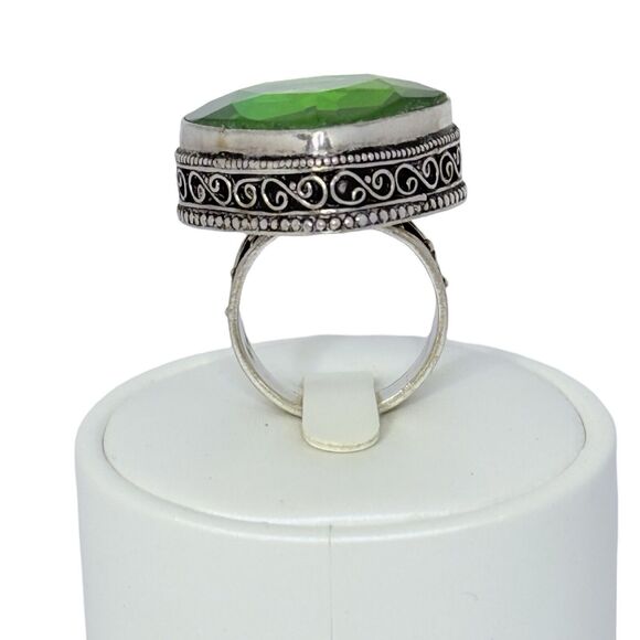 925 Sterling Silver Green Crystal Large Statement Ring Sz 8.5 Turkish Ethnic - Picture 9 of 16